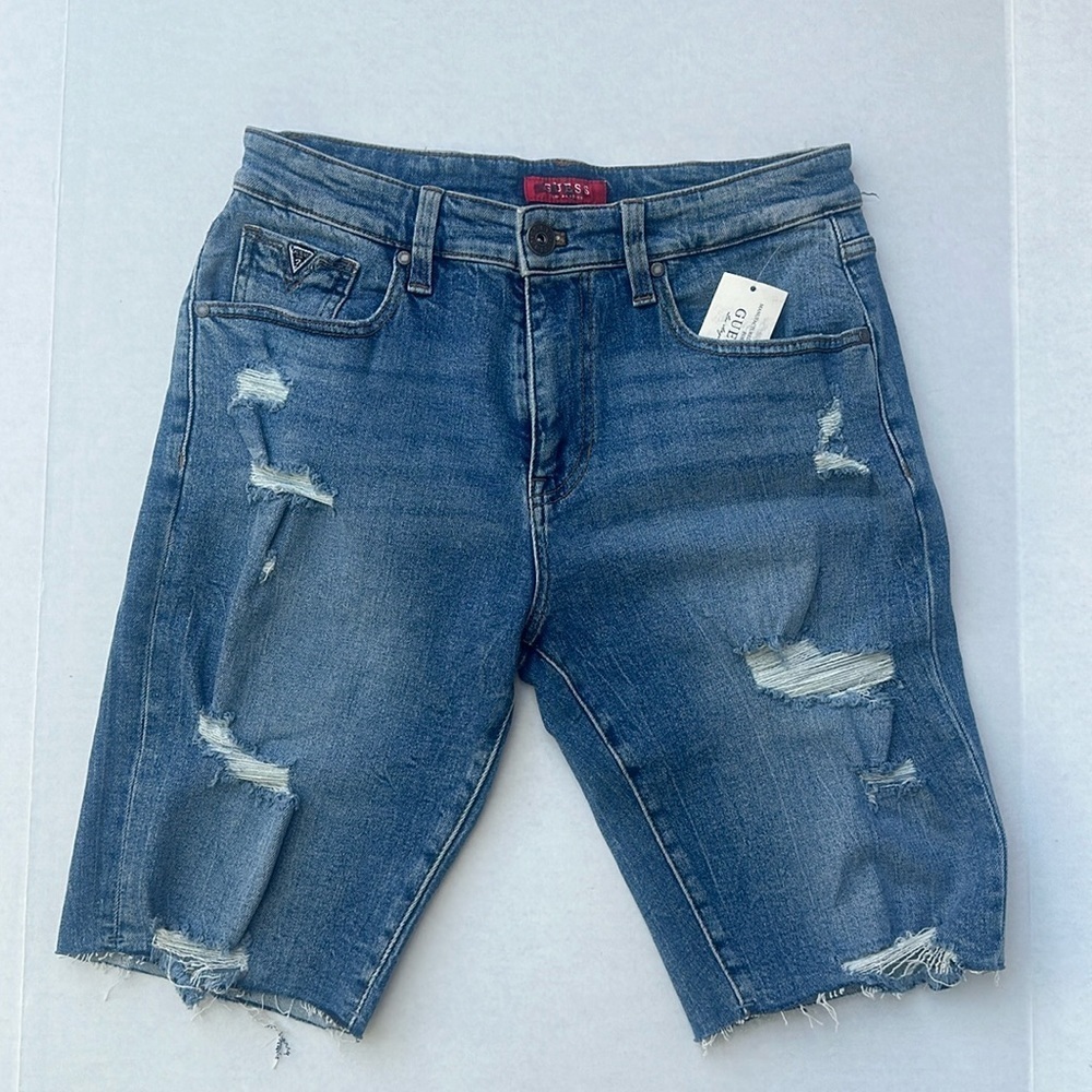 New Guess Men's Ripped Blue Jean Shorts Sz 31